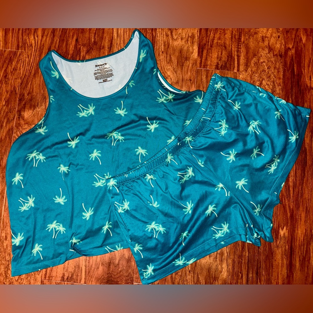JoySpun Sleep Pajama Set Turquoise with Palm Trees Set - XL